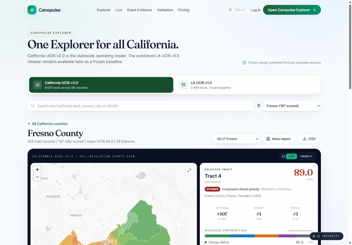 Unified Canopulse Explorer showing California UCRI, Fresno County tract geometry, and selected-record analysis