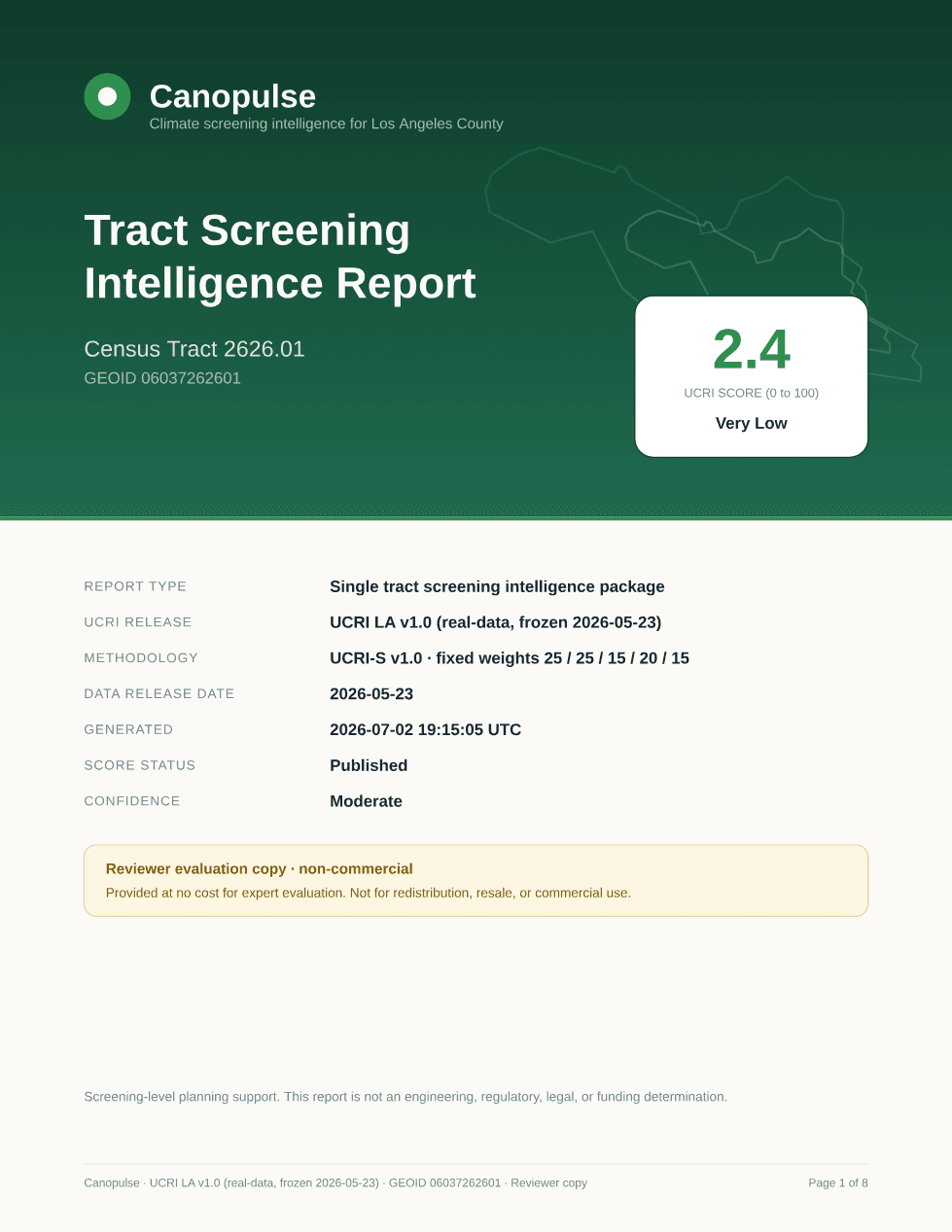 Cover page of a real Canopulse Tract Screening Intelligence Report
